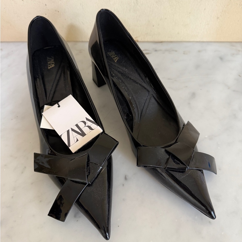 NIB Zara Women's Black Patent Heels with Bow